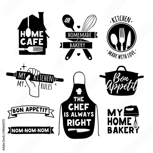 Set of vintage retro handmade badges, labels and logo elements, retro symbols for bakery shop, cooking club, cafe, food studio or home cooking. Template logo with silhouette cutlery. Vector