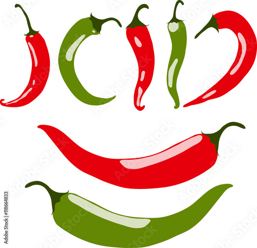 Chili peppers, red and green, vector illustration, isolated, on white background.