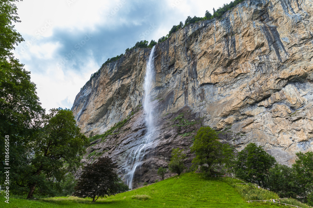 Staubbachfall waterfall in Lauterbrunnen valley Staubbachfall waterfall in Lauterbrunnen valley