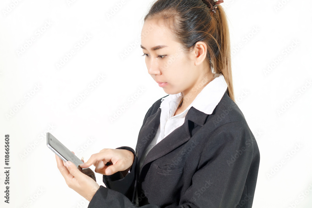 Businesswomen are using mobile and touch smart phone for Communi Businesswomen are using mobile and touch smart phone for Communi