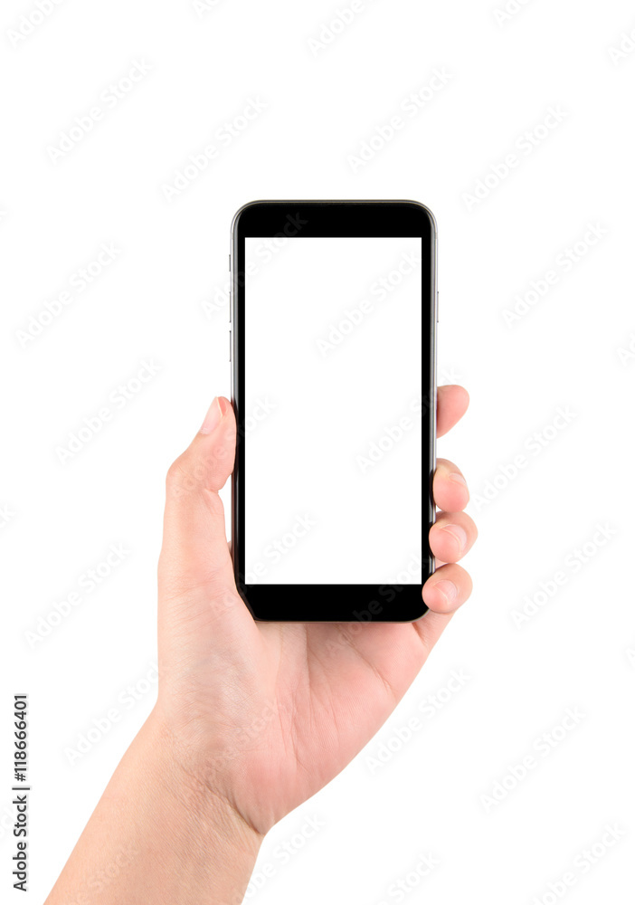 Isolated hand holding a phone with white screen Isolated hand holding a phone with white screen