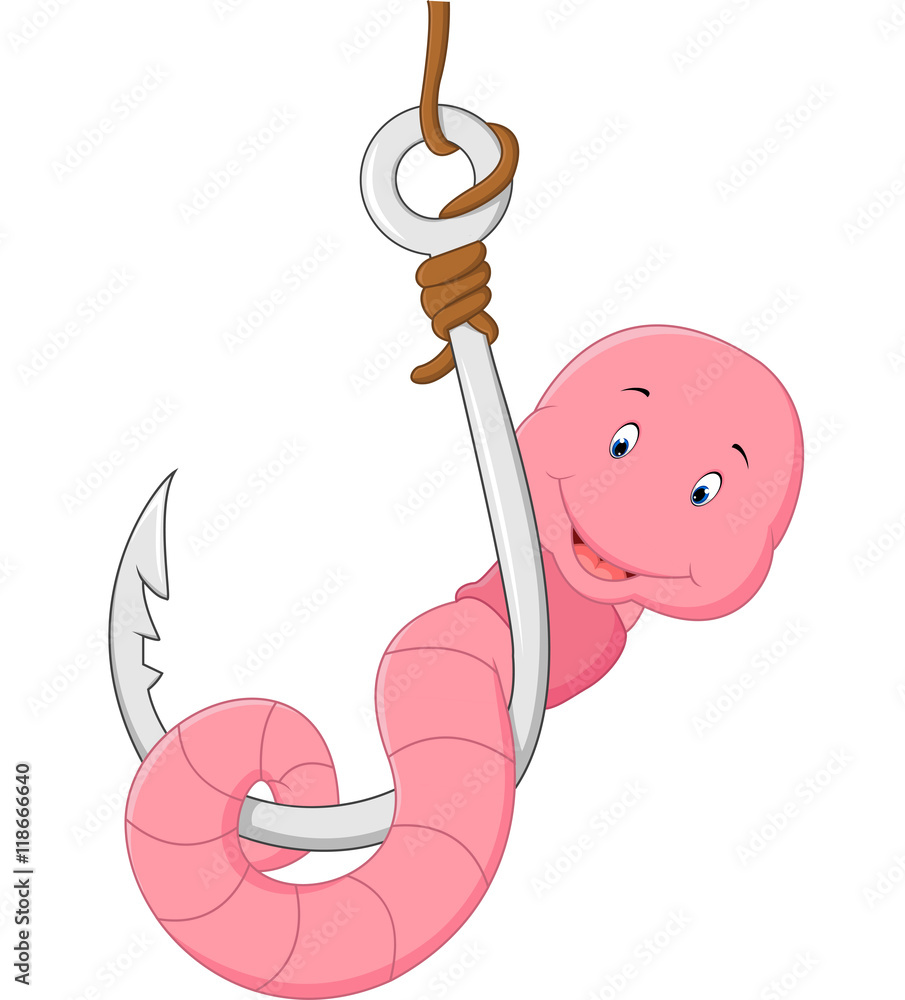 Cartoon smiling worm on fishing hook Stock Vector | Adobe Stock