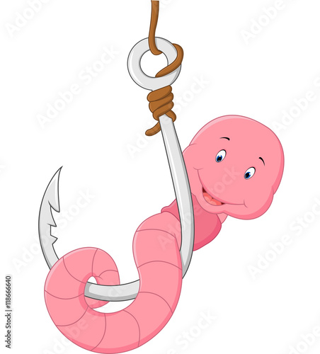 Cartoon smiling worm on fishing hook