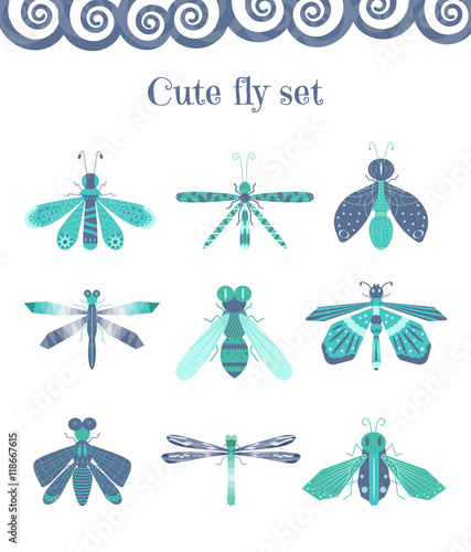 Set of cute flies and other insects