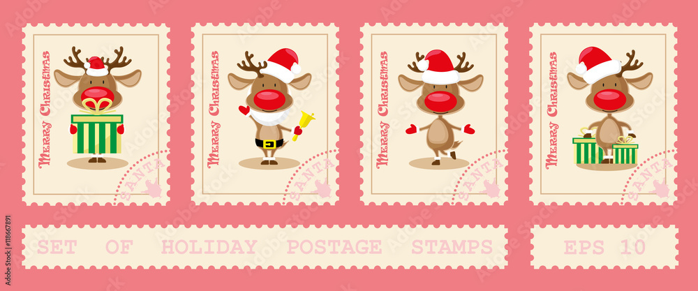 Set of holiday postage stamps with north deer dancing in different poses. Cartoon style isolated on pink background. Vector illustration