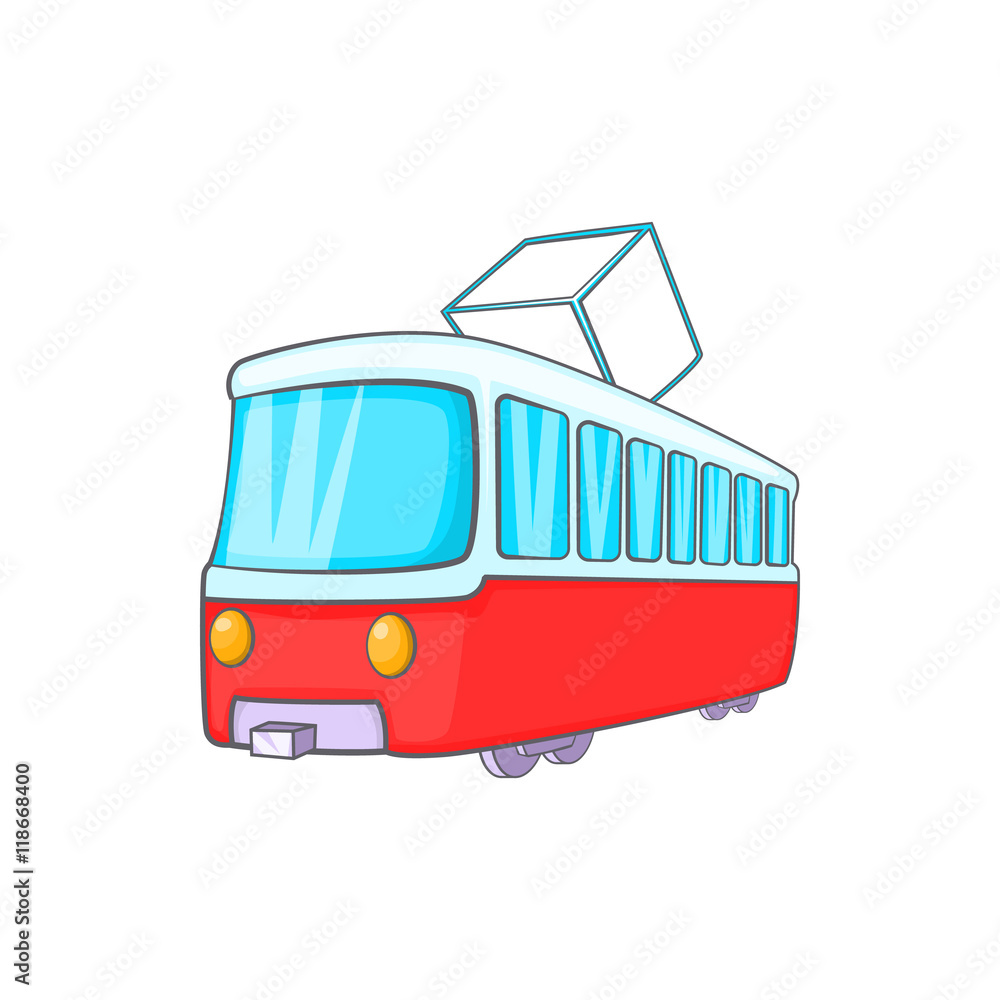 Tram icon in cartoon style on a white background