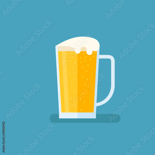 Glass of light beer isolated on blue background. Pint vector illustration. Flat style icon.