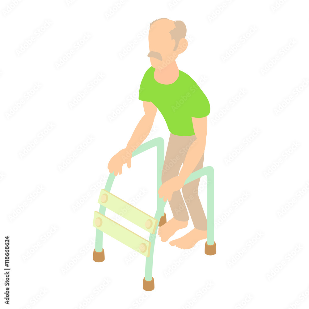 Old man with walking frame icon in cartoon style on a white background Old man with walking frame icon in cartoon style on a white background