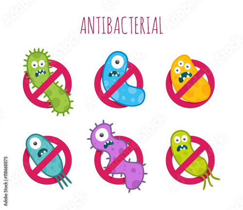 Antibacterial sign with colorful bacteria. Isolated vector illustration.
