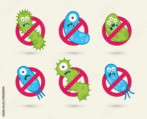 Antibacterial sign with green and blue germs illustrations. Isolated vector illustration