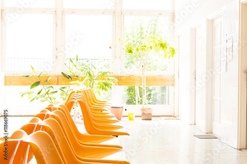 Doctor's waiting room with chairs and potted plant