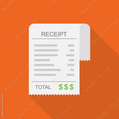 Receipt vector icon in a flat style. Invoice icon, total bill icon with dollar symbol on red background with shadow.
