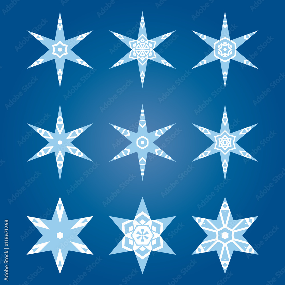 Fototapeta premium Set of decorative snowflakes, collection of artistic winter design templates, blue color