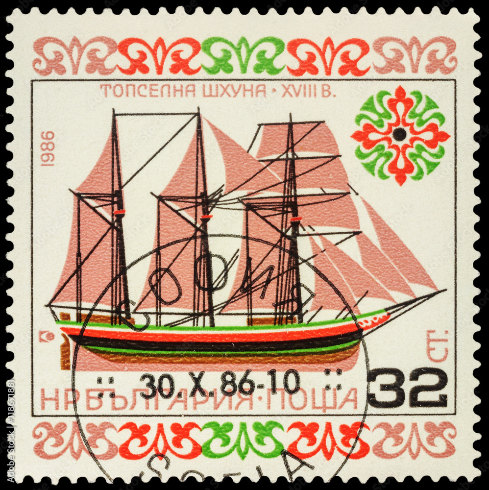 Old schooner on postage stamp