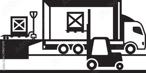 Pallet truck and forklift loading truck - vector illustration