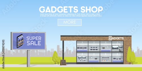 Facade gadgets shop in the urban space, the sale of computers, laptops, phones, tablets. Billboard advertising from selling electronics.