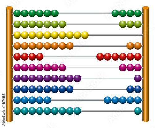 European abacus counting frame. Calculating tool with rainbow colored beads sliding on wires. Used in pre- and in elementary schools as an aid in teaching the numeral system and arithmetic or as toy. photo