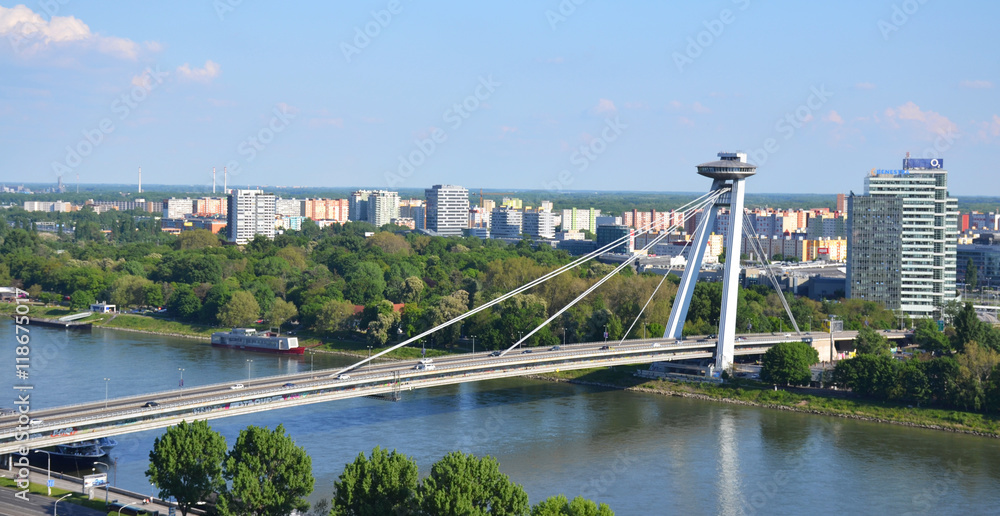 Novy Most Bridge across the Danube River in Bratislava, Slovakia.