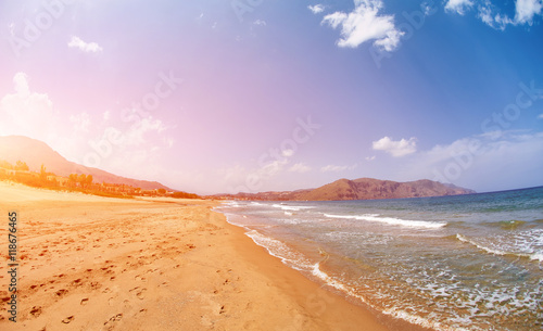 panoramic view on sunny beach, Crete, Greece