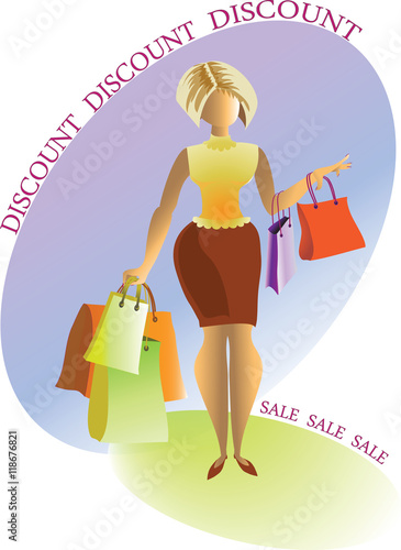 Discounts. Woman with shopping. Composition with a proposal to buy and discounts Vector illustration