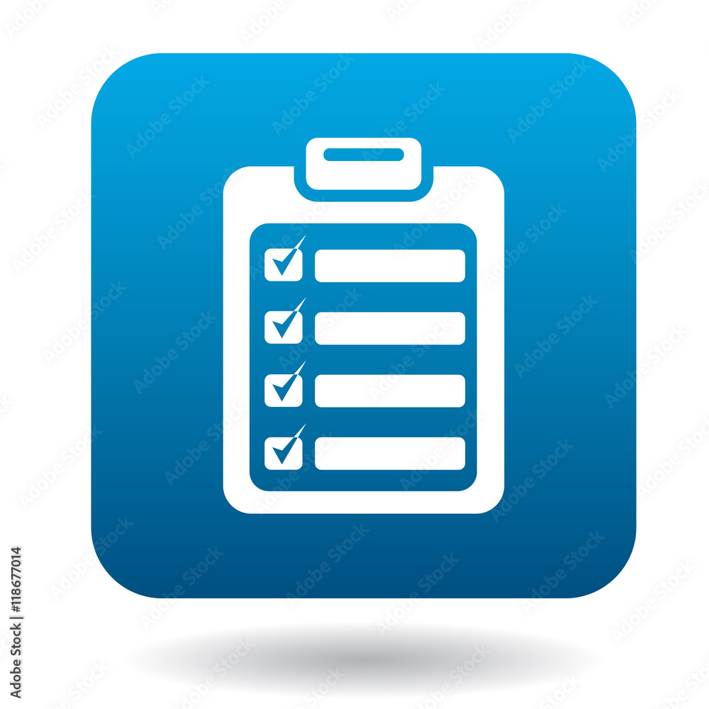 Plan is executed icon in flat style in blue square. Document symbol