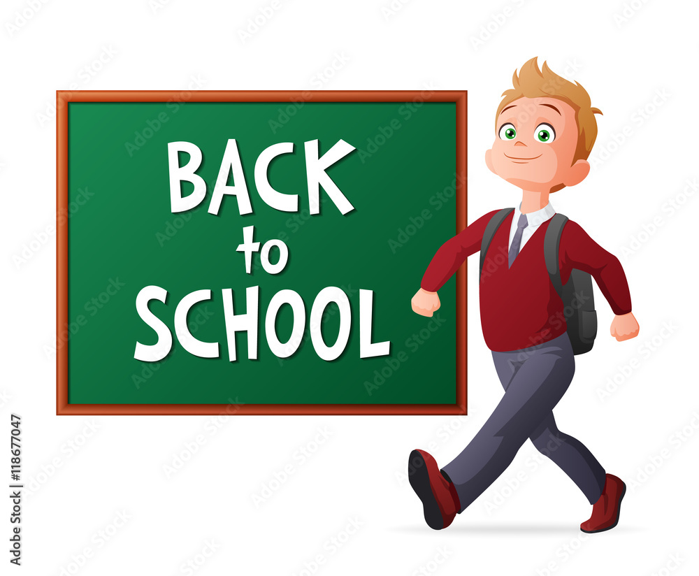 Back to school vector illustration. Proud and cheerful pupil in school uniform walking next to blackboard. Back to school vector illustration. Proud and cheerful pupil in school uniform walking next to blackboard.