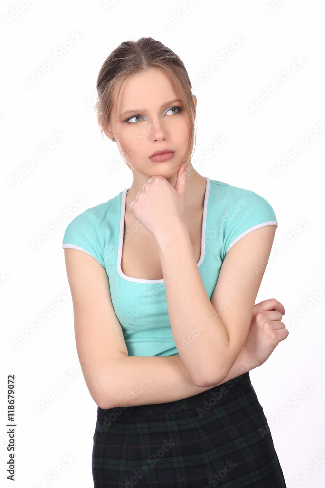 Girl with makeup holding her chin. Close up. White background Girl with makeup holding her chin. Close up. White background