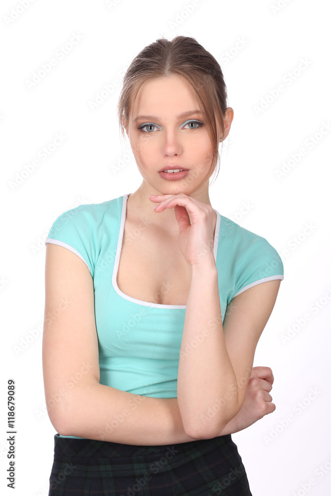 Lady with makeup touching her chin. Close up. White background Lady with makeup touching her chin. Close up. White background