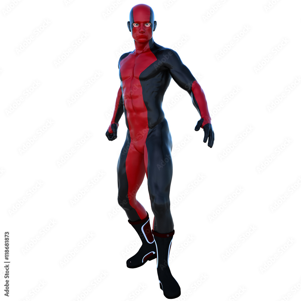 one young superhero man with muscles in red black super suit. He is in severe form. Right hand balled in a fist. Looking at the camera one young superhero man with muscles in red black super suit. He is in severe form. Right hand balled in a fist. Looking at the camera
