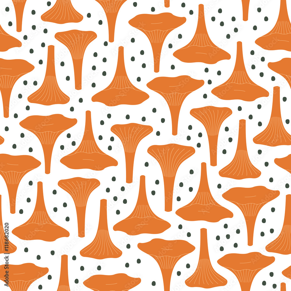 Chanterelles pattern with decorative dots on white background. Seamless