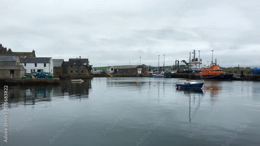 4K UltraHD Pan of Stromness harbor in Orkney, Scotland 4K UltraHD Pan of Stromness harbor in Orkney, Scotland