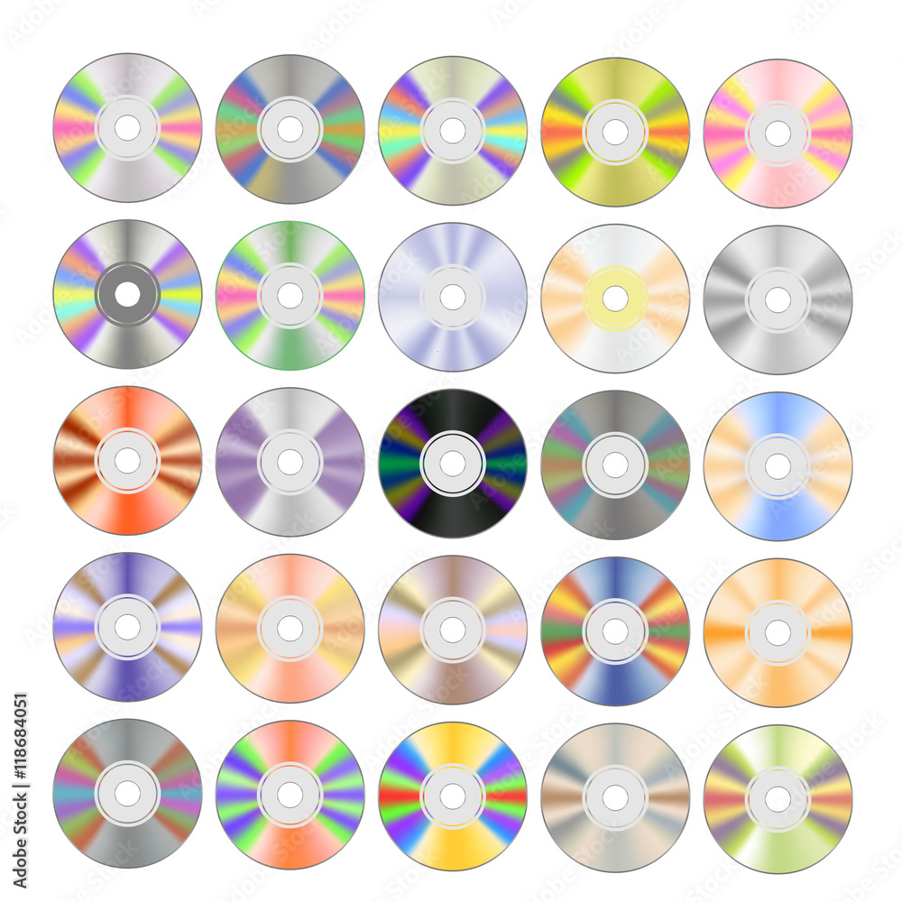 Set of Colorful Different Compact Discs Isolated on White Background Set of Colorful Different Compact Discs Isolated on White Background