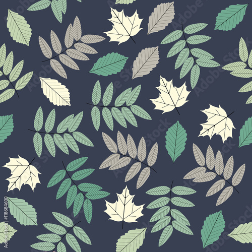 Abstract seamless pattern witn leaves isolated on blue backgroun
