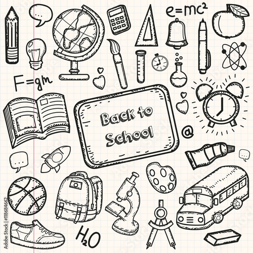 Back to School doodle set. Hand draw school items on a sheet of exercise book. Vector