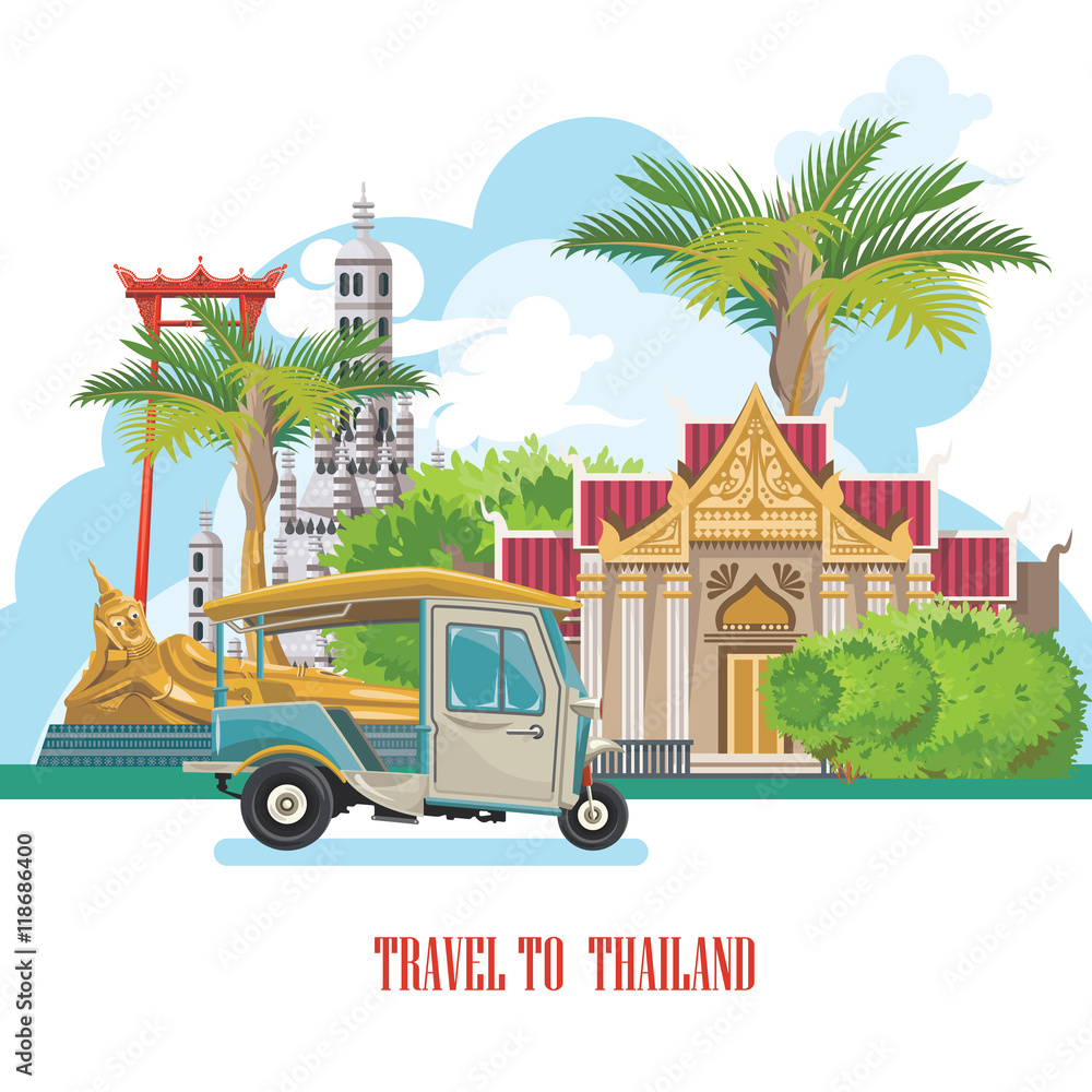 Obraz premium Travel Thailand landmarks. Thai vector icons. Vacations poster with thai ethnic elements