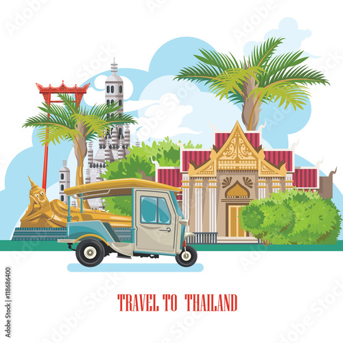 Travel Thailand landmarks. Thai vector icons. Vacations poster with thai ethnic elements