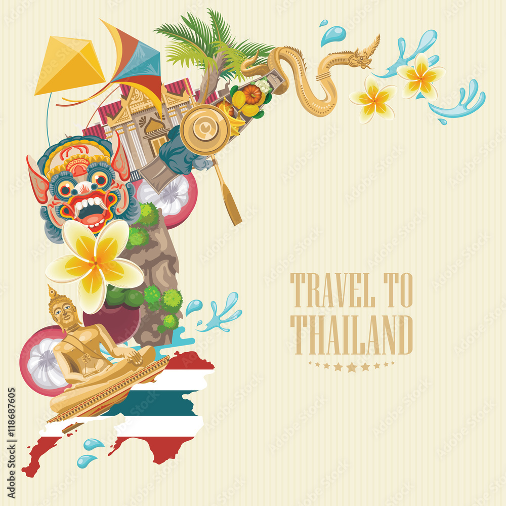 Fototapeta premium Travel Thailand landmarks. Thai vector icons. Vacations poster with thai ethnic elements