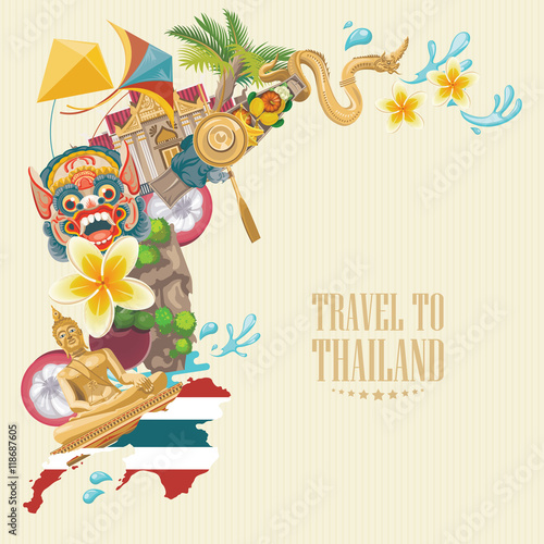Travel Thailand landmarks. Thai vector icons. Vacations poster with thai ethnic elements