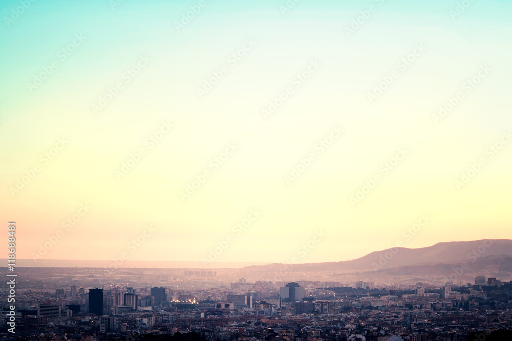 A bird view over city in sunset. Barcelona, Catalonia, Spain...