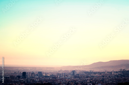 A bird view over city in sunset. Barcelona, Catalonia, Spain...
