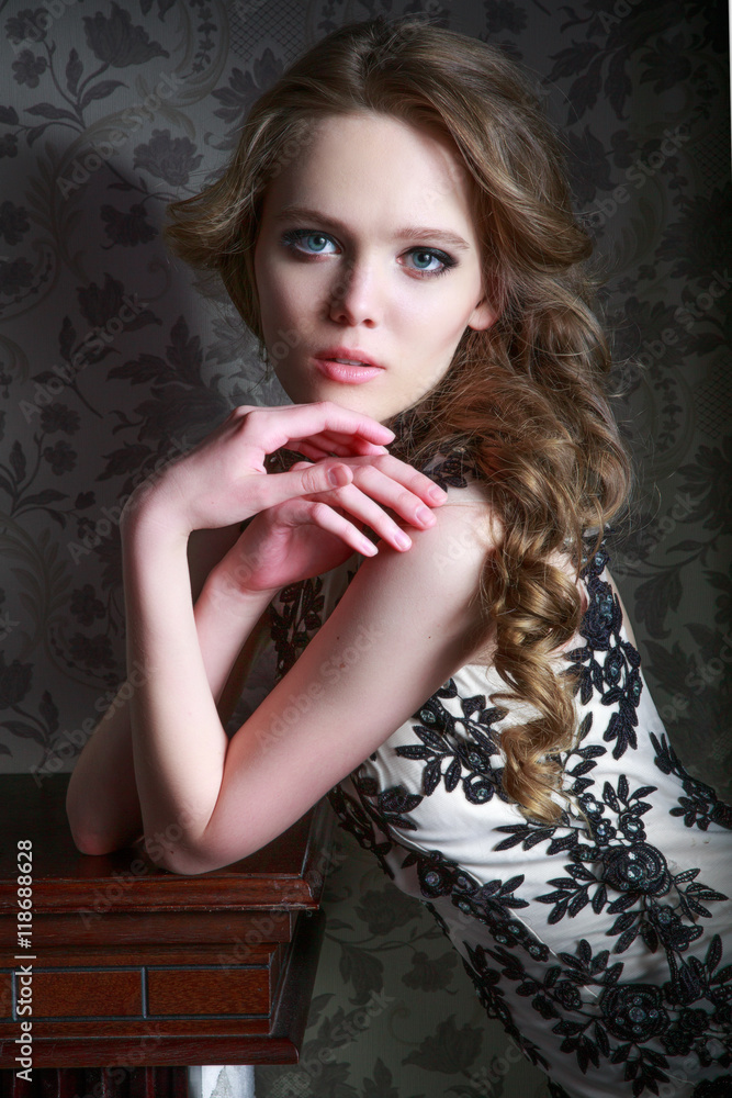 Portrait of a beautiful girl in a beautiful dress with patterns by Parliament Portrait of a beautiful girl in a beautiful dress with patterns by Parliament