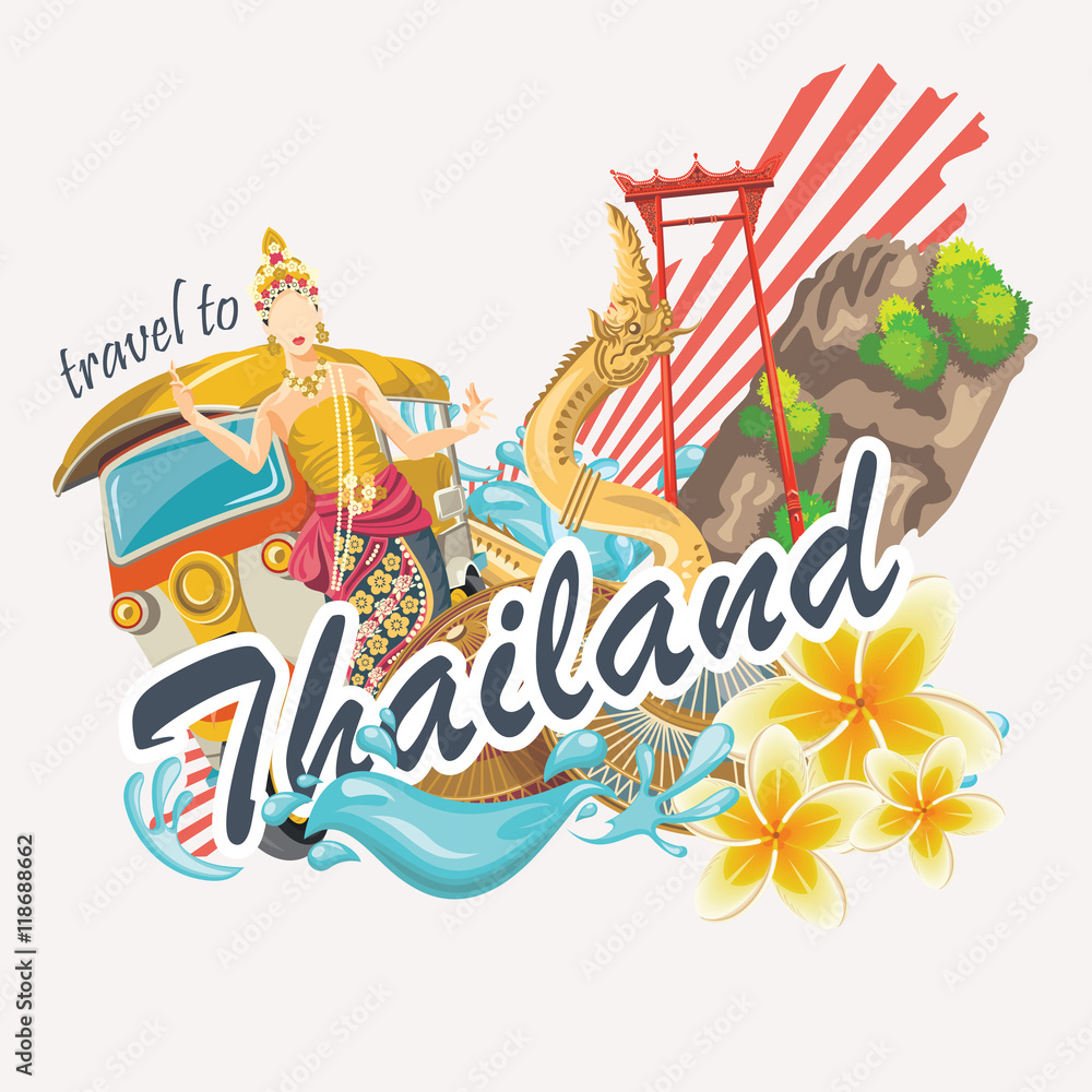 Naklejka premium Travel Thailand landmarks. Thai vector icons. Vacations poster with thai ethnic elements