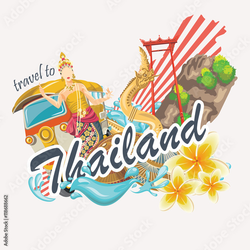 Travel Thailand landmarks. Thai vector icons. Vacations poster with thai ethnic elements