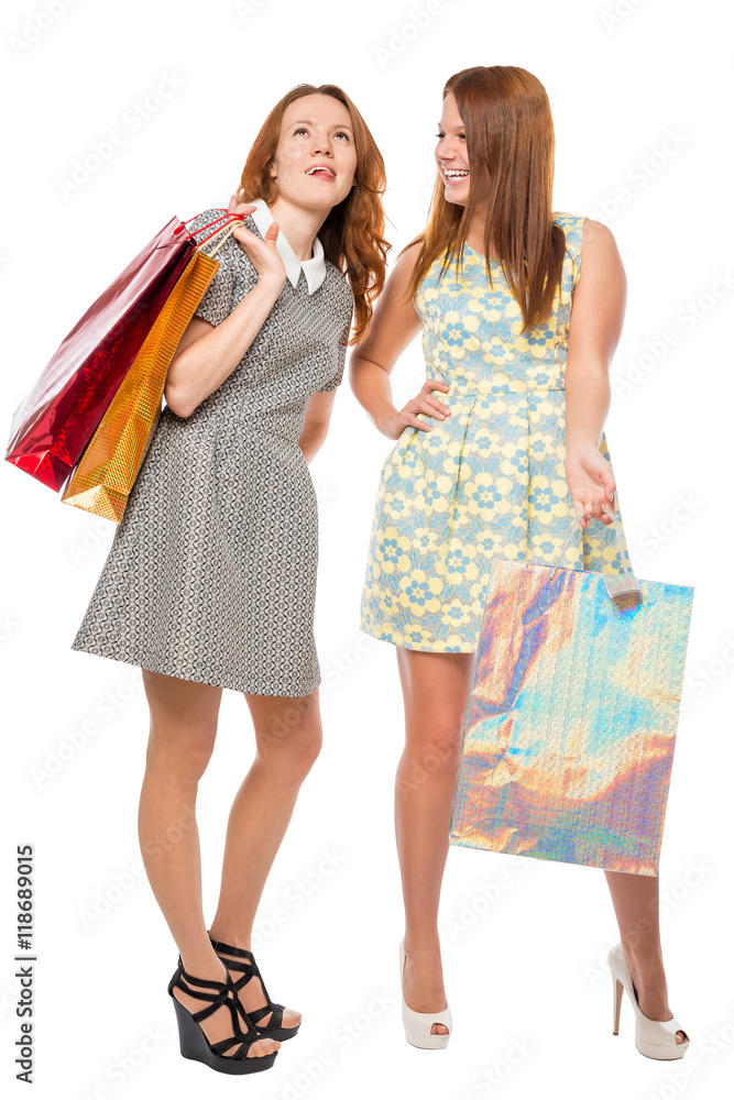 emotional young girl with packages on a white background emotional young girl with packages on a white background