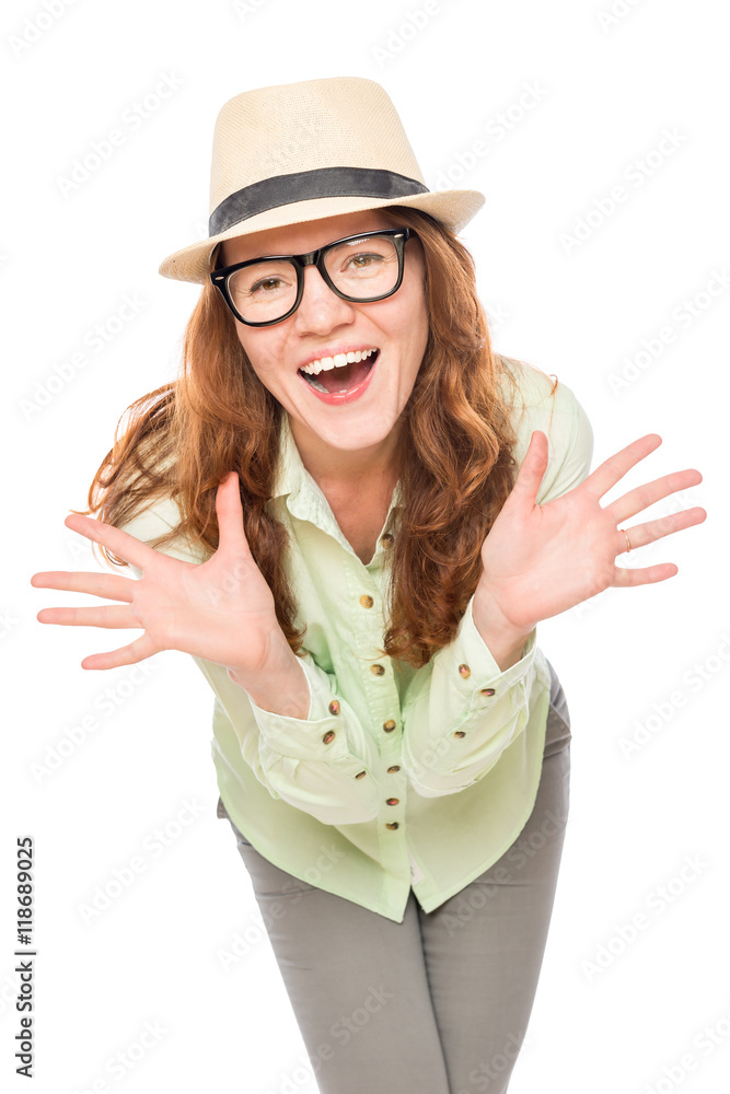 emotional girl in glasses and a hat on a white background emotional girl in glasses and a hat on a white background
