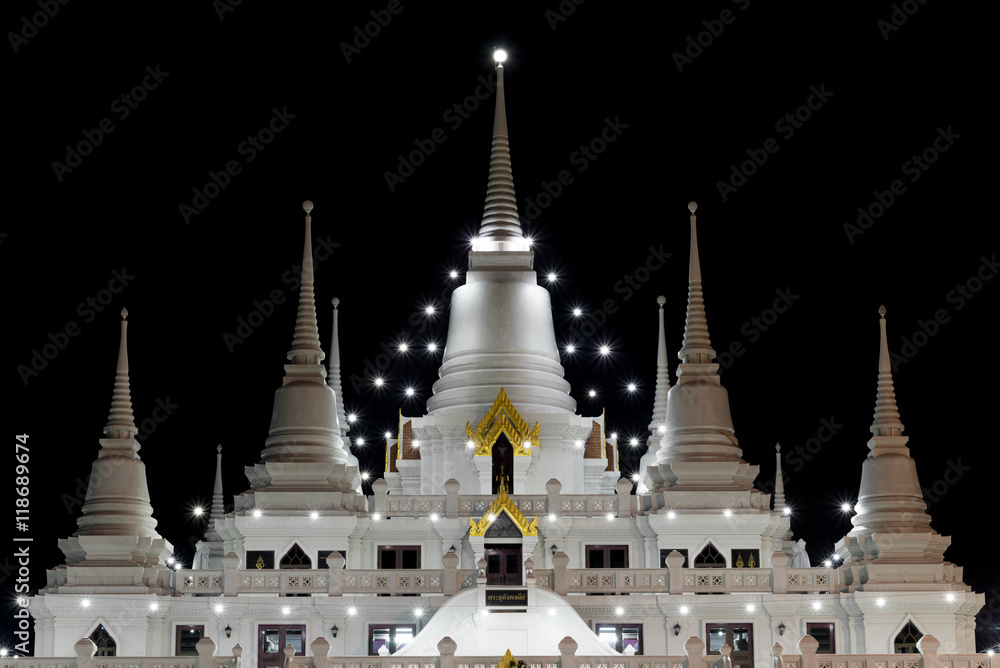 Asokaram temple White pagoda in the night ,Samutprakarn province ,Thailand