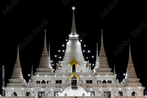 Asokaram temple White pagoda in the night  Samutprakarn province  Thailand
