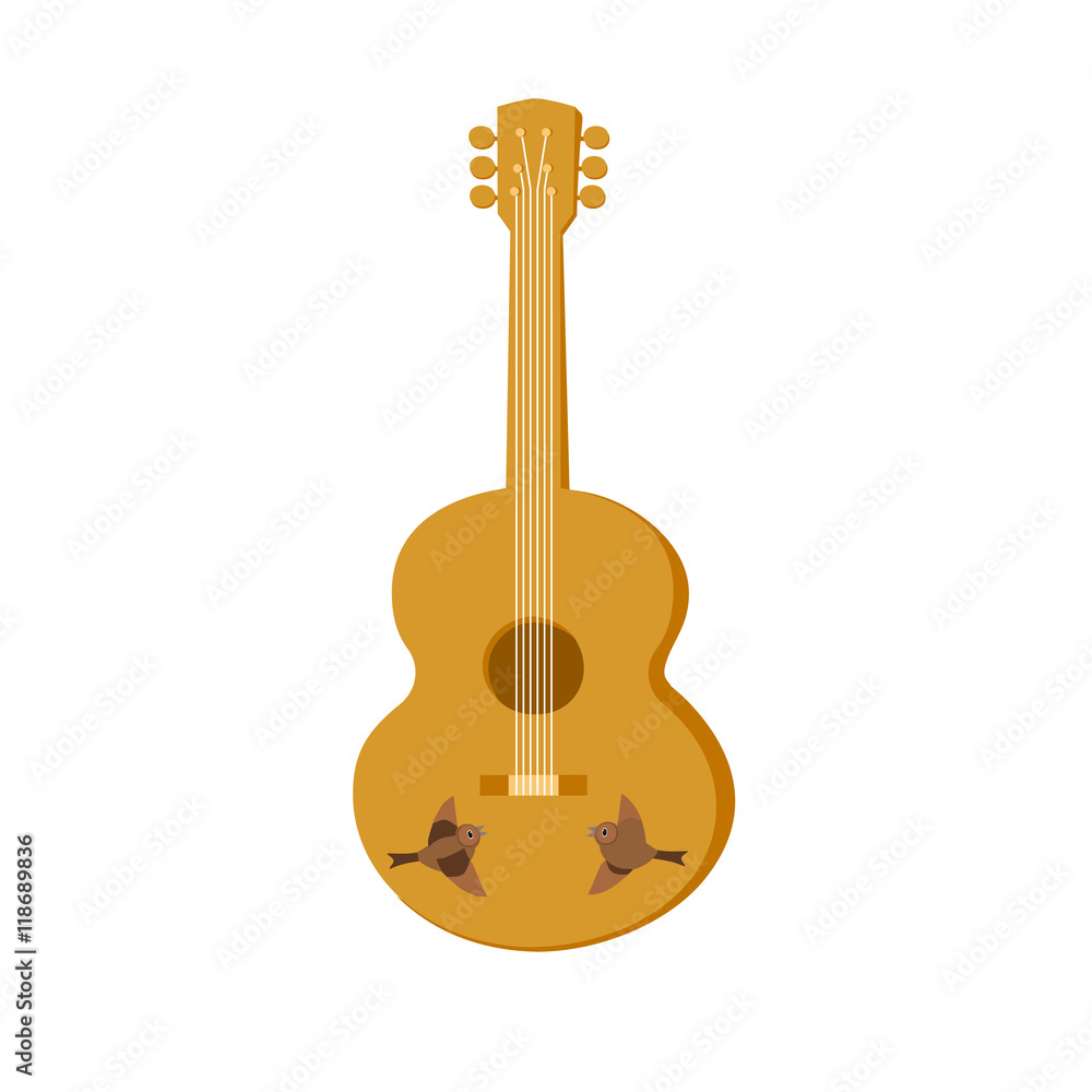 Fototapeta premium Template Design for poster with acoustic guitar isolated. Folk gypsy musical instrument. Cartoon style. Idea for Live Music Festival, event show, entertainment background element. Vector illustration.