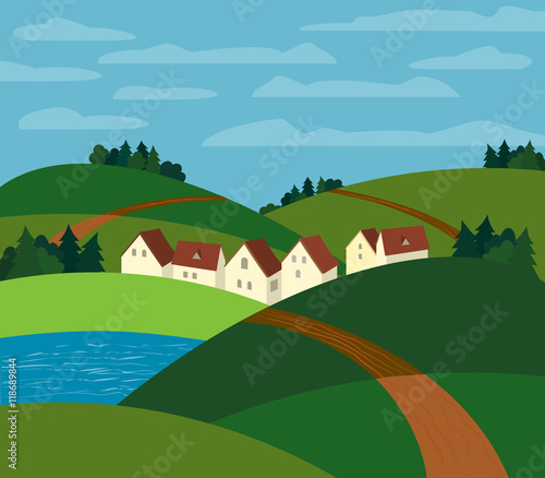 Green landscape. Farm houses silhouettes. Country winding road on meadows and fields. Rural community. Lake view among hills. Village countryside scene background. Vector Illustration