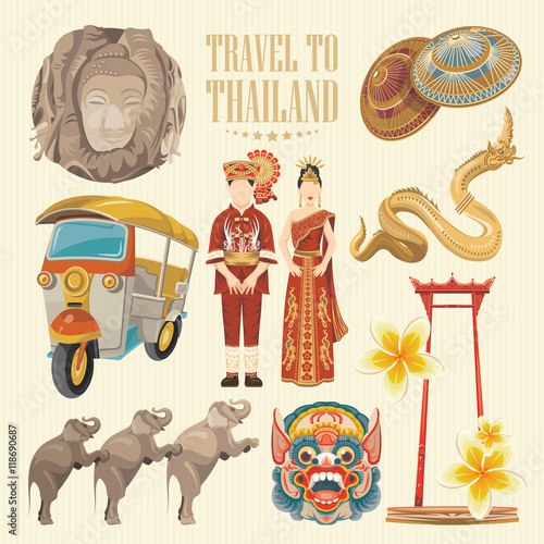 Travel Thailand landmarks. Thai vector icons. Vacations poster with thai ethnic elements